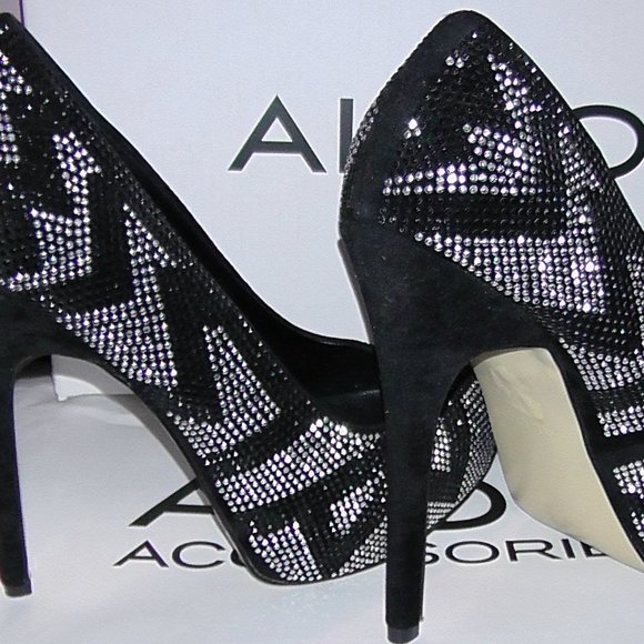 Aldo Black and Silver Metalic Studded Heels - Picture 1 of 5